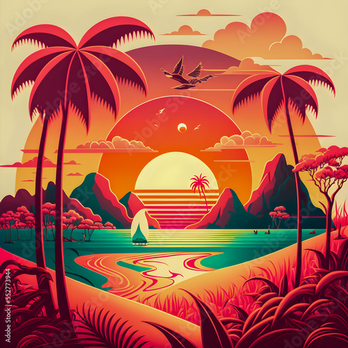 Synthwave sunset,  landscape with palm trees, retro wave illustration photo