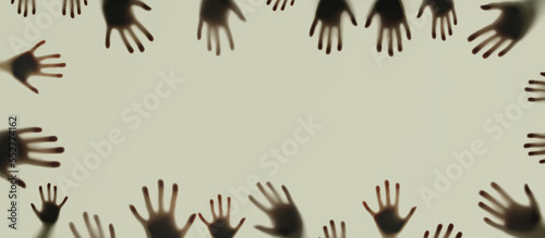 Horizontal scary banner with handprints of horrible zombies, scary walking dead, zombies, concept of paranormal, nightmares