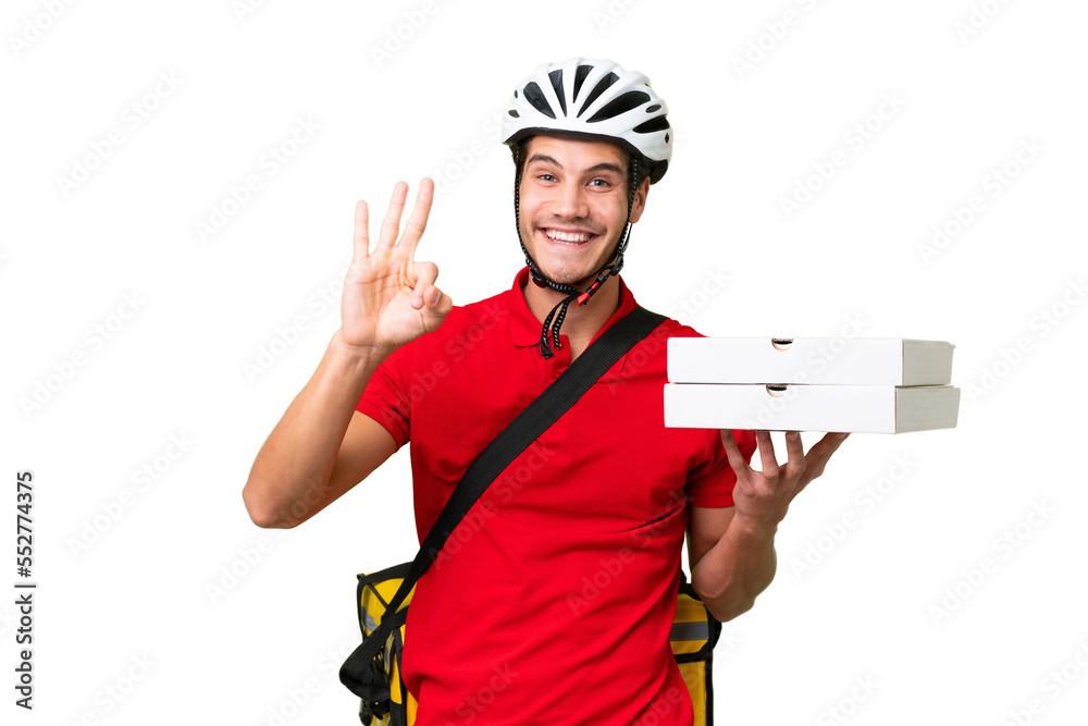 Pizza delivery man with work uniform picking up pizza boxes over isolated background happy and counting three with fingers Pizza delivery man with work uniform picking up pizza boxes over isolated background happy and counting three with fingers