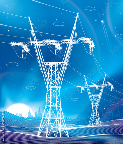 High voltage transmission systems. Electric pole. Neon glow. Night landscape. Power lines. Network of interconnected electrical. White otlines on blue background. Vector design illustration photo