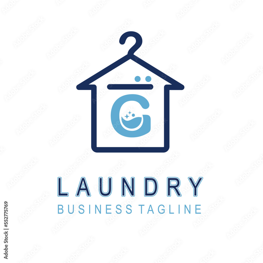Letter G for Laundry Business Logo Design Idea Template with House and Hanger Icon. Dry Cleaning Clothes Wash Machine