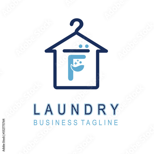 Letter F for Laundry Business Logo Design Idea Template with House and Hanger Icon. Dry Cleaning Clothes Wash Machine