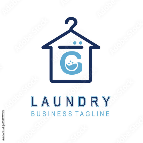Letter G for Laundry Business Logo Design Idea Template with House and Hanger Icon. Dry Cleaning Clothes Wash Machine