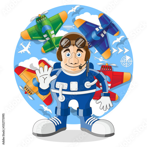 Pilot on the background of airplanes. Isolated on white background. Vector illustration.