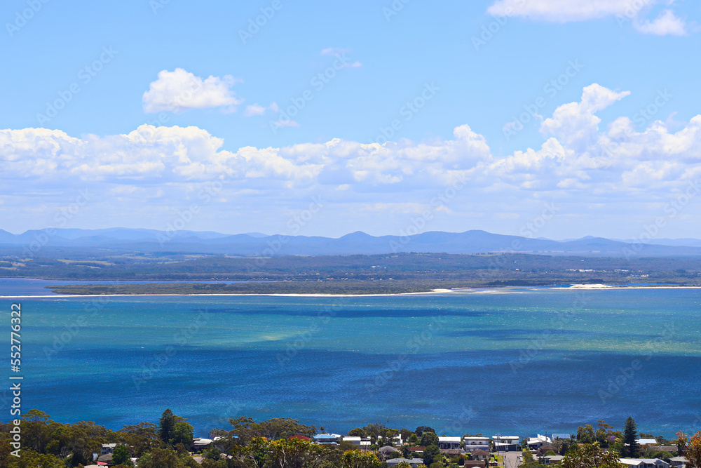 View of the Port Stephens area from the Gan Gan lookout on a clear sunny day