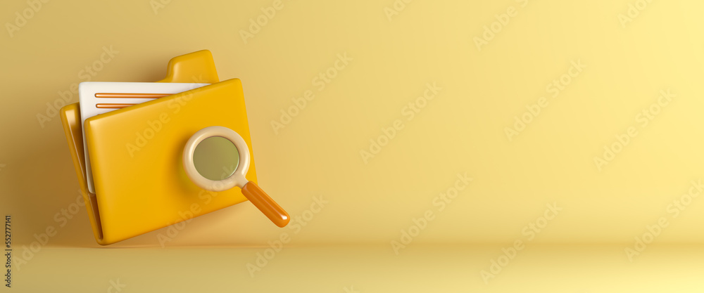 Yellow folder file with magnifying glass cartoon style, data security concept, 3d rendering illustration - obrazy, fototapety, plakaty 