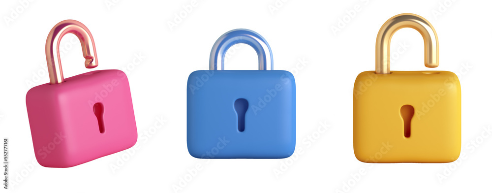 Collection of padlocks cartoon style on transparent background, 3d rendering illustration Collection of padlocks cartoon style on transparent background, 3d rendering illustration