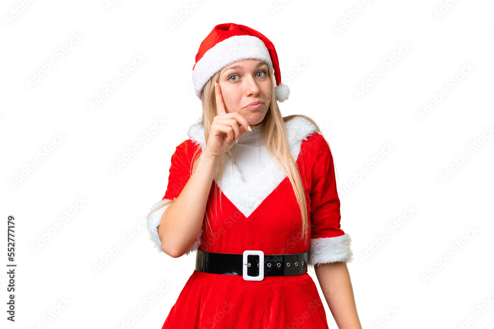 Young blonde woman with christmas hat over isolated chroma key background thinking an idea Young blonde woman with christmas hat over isolated chroma key background thinking an idea