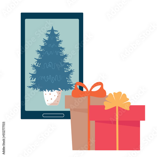 Choose a gift for the holiday in the online store using a smartphone. Vector.