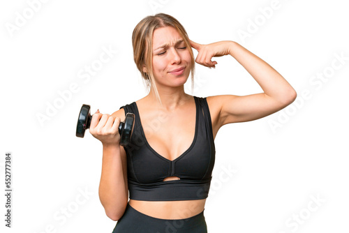 Blonde sport woman making weightlifting over isolated chroma key background having doubts and with confuse face expression