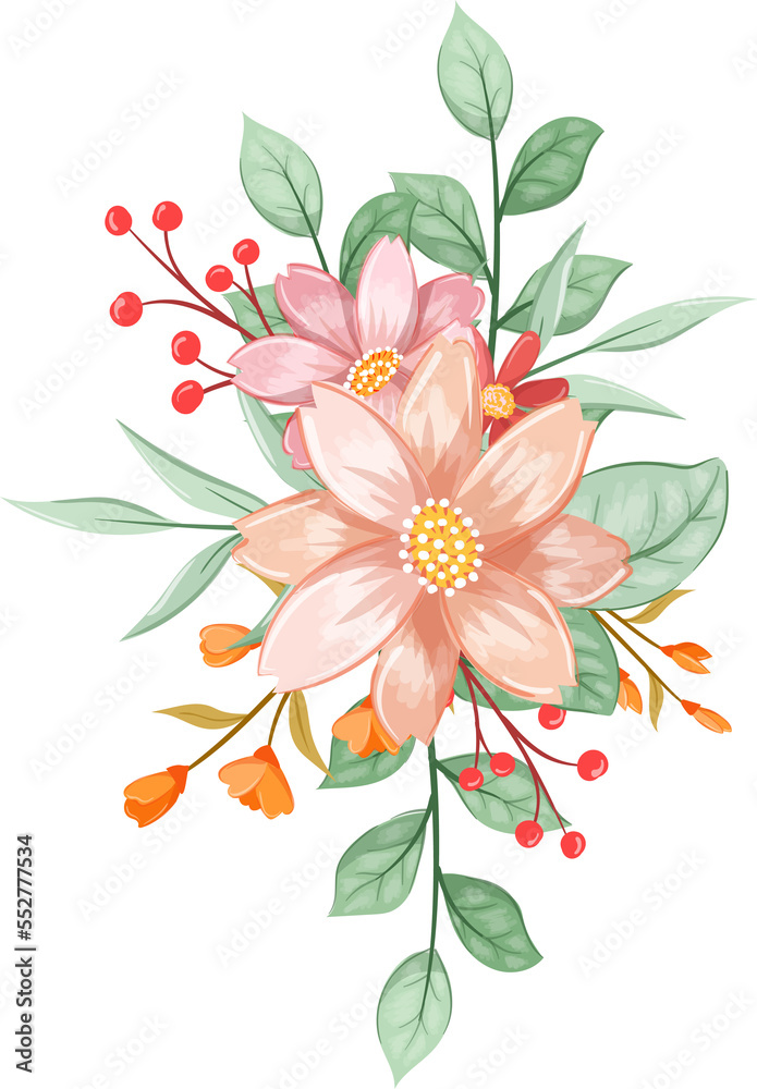 Pink Orange Flower Arrangement with watercolor style