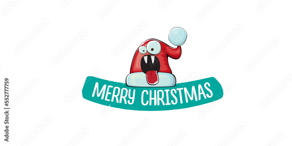 Vector cartoon Santa Claus red hat with smile face isolated on white horizontal bannner background. Merry Christmas greeting banner with funny monster Santa Claus hat. Santa hat
