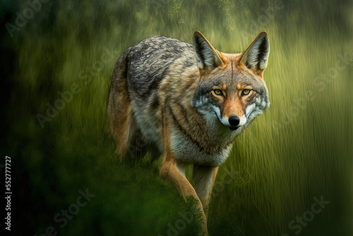 Fotografia An active coyote stalks through tall, lush grass. Generative AI