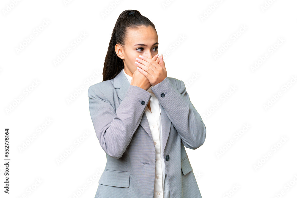 Young Arabian woman over isolated chroma key background covering mouth and looking to the side Young Arabian woman over isolated chroma key background covering mouth and looking to the side
