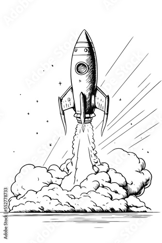 Cartoon rocket launch. Black contours on a white background