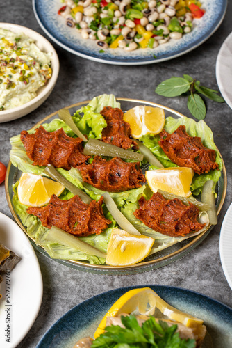 Traditional Turkish and Greek dinner appetizer table. Mediterranean appetizer concept. Raw meatballs, roasted eggplant salad, stuffed olives, stuffed peppers, gavurdagi salad
