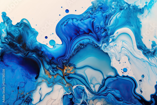 Abstract fluid art background, blue and white. AI 