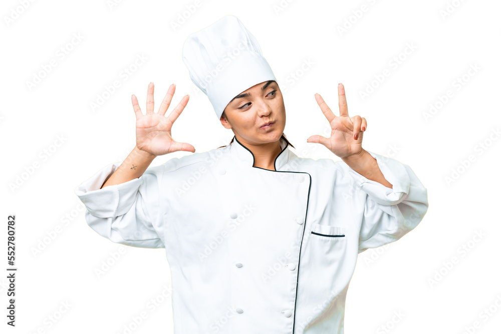 Young woman Chef over isolated chroma key background counting eight with fingers Young woman Chef over isolated chroma key background counting eight with fingers