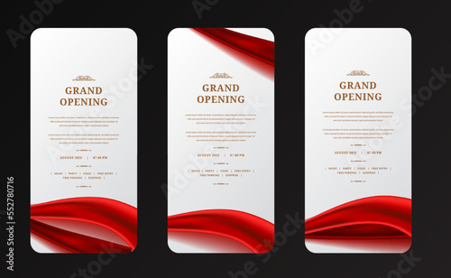 social media stories for grand opening layout announcement with shiny glossy Red satin silk decoration with white background