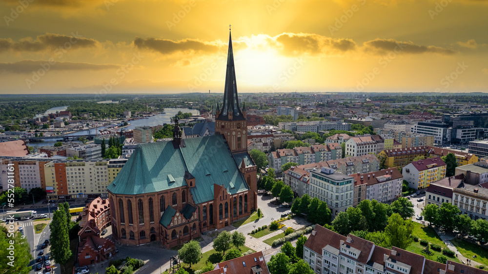 Fototapeta premium Szczecin - aerial city landscape. The Chrobry shafts, the theater and the panorama of the city. Monuments and tourist attractions of the city of Szczecin: Hakena Terrace, Chrobrego Boulevard.