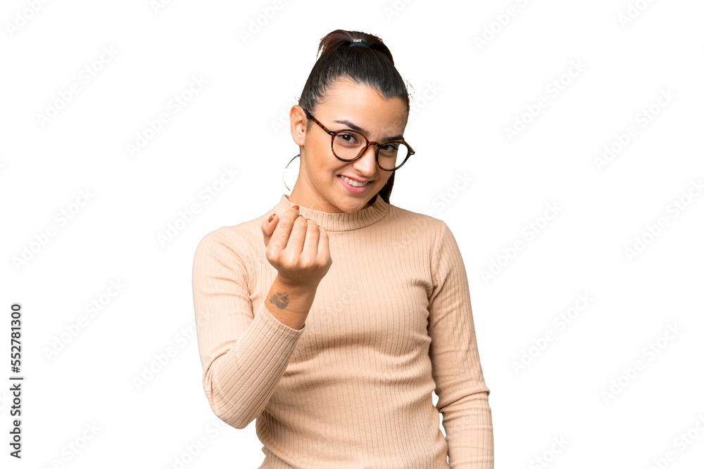 Young beauty woman over isolated chroma key background inviting to come with hand. Happy that you came Young beauty woman over isolated chroma key background inviting to come with hand. Happy that you came
