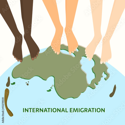 concept of international emigration and Human Rights day. Legs group of people differing in skin color on the globe. Resettlement, change of residence. Flat vector illustration