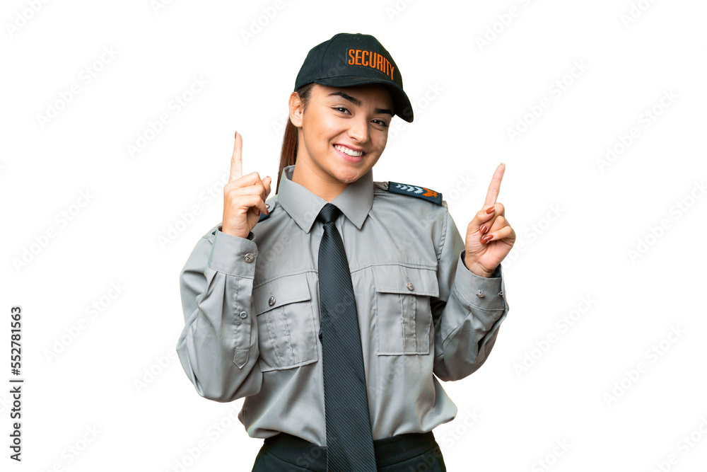 Young safeguard woman over isolated chroma key background pointing up a great idea Young safeguard woman over isolated chroma key background pointing up a great idea