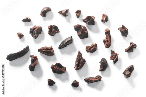 Cacao nibs, a pieces of broken cocoa beans isolated png, top view photo