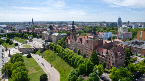 Szczecin - aerial city landscape. The Chrobry shafts, the theater and the panorama of the city. Monuments and tourist attractions of the city of Szczecin: Hakena Terrace, Chrobrego Boulevard.