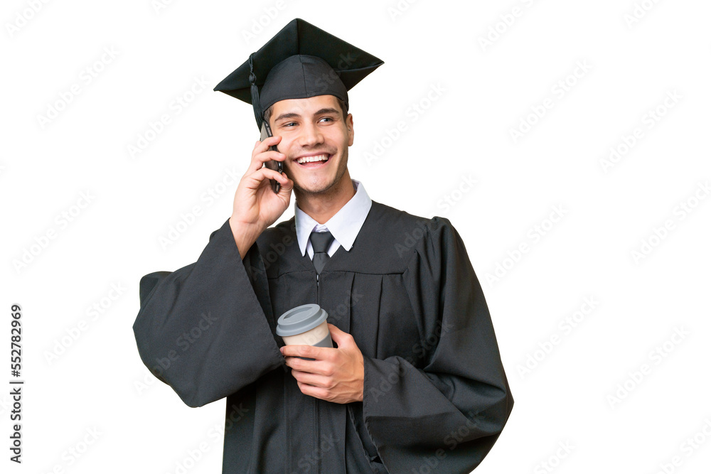 Young university graduate caucasian man over isolated background holding coffee to take away and a mobile Young university graduate caucasian man over isolated background holding coffee to take away and a mobile
