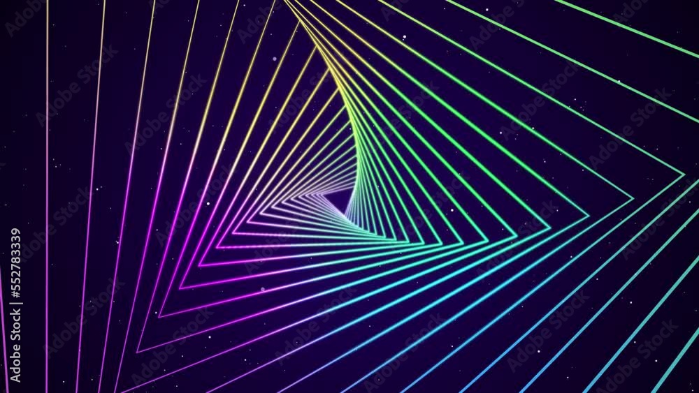 abstract tunnel neon looping background with, green, purple rainbow neon background, dj background, concert party concept, music modern element, triangle portal