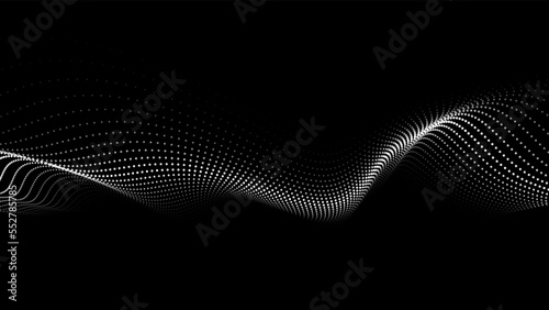 Wave of moving dots on an abstract dark background. 3D Vector illustration.