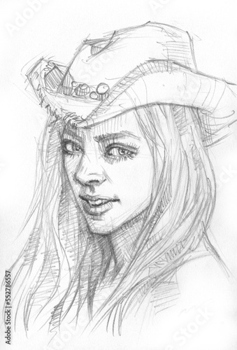 portrait of a girl pencil drawing for card background illustration