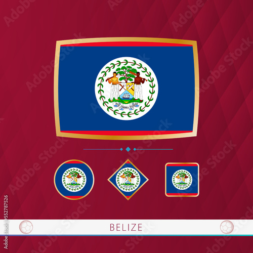 Set of Belize flags with gold frame for use at sporting events on a burgundy abstract background.
