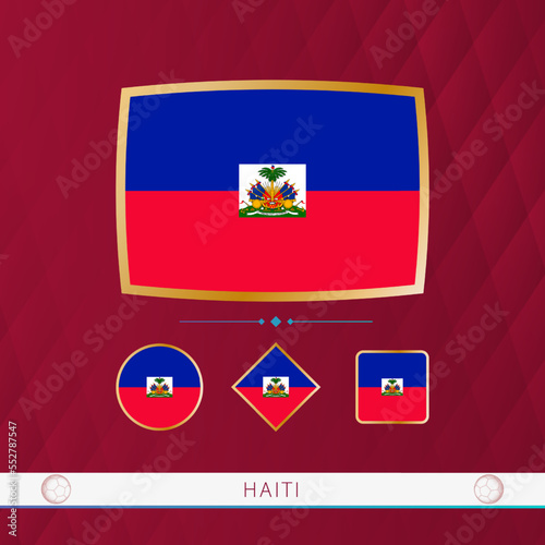 Set of Haiti flags with gold frame for use at sporting events on a burgundy abstract background.