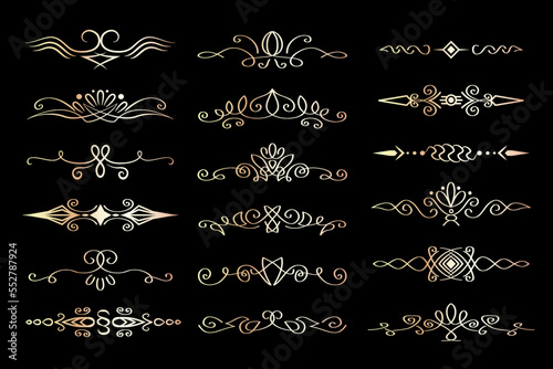Abstract luxury text dividers, isolated on black background. Linear elegant ornaments, vintage design element collection. Dividers, paragraph separators, flourish, calligraphic style.