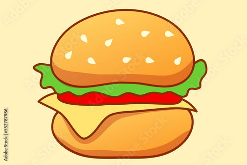 Testy hamburger cartoon illustration. Hamburger with cheese  salad and tomato. 