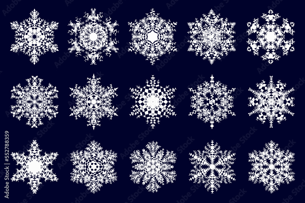 Abstract snowflakes isolated on dark background. Snow flake collection for your design projects. Abstract snowflakes isolated on dark background. Snow flake collection for your design projects.