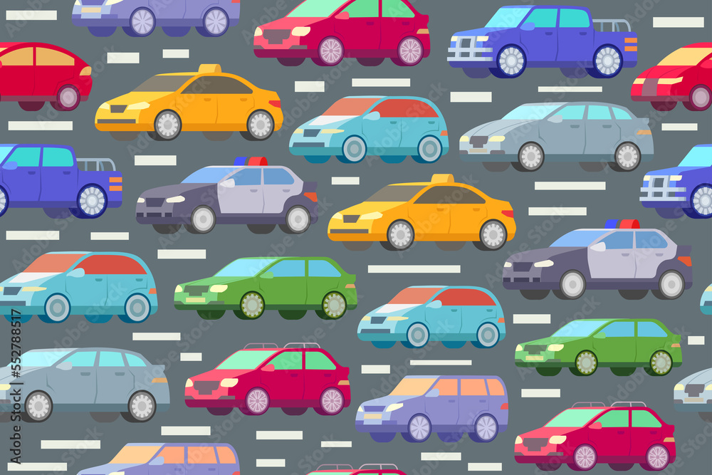 Traffic pattern with colorful cars. Automobiles on a street, seamless repeating traffic pattern.