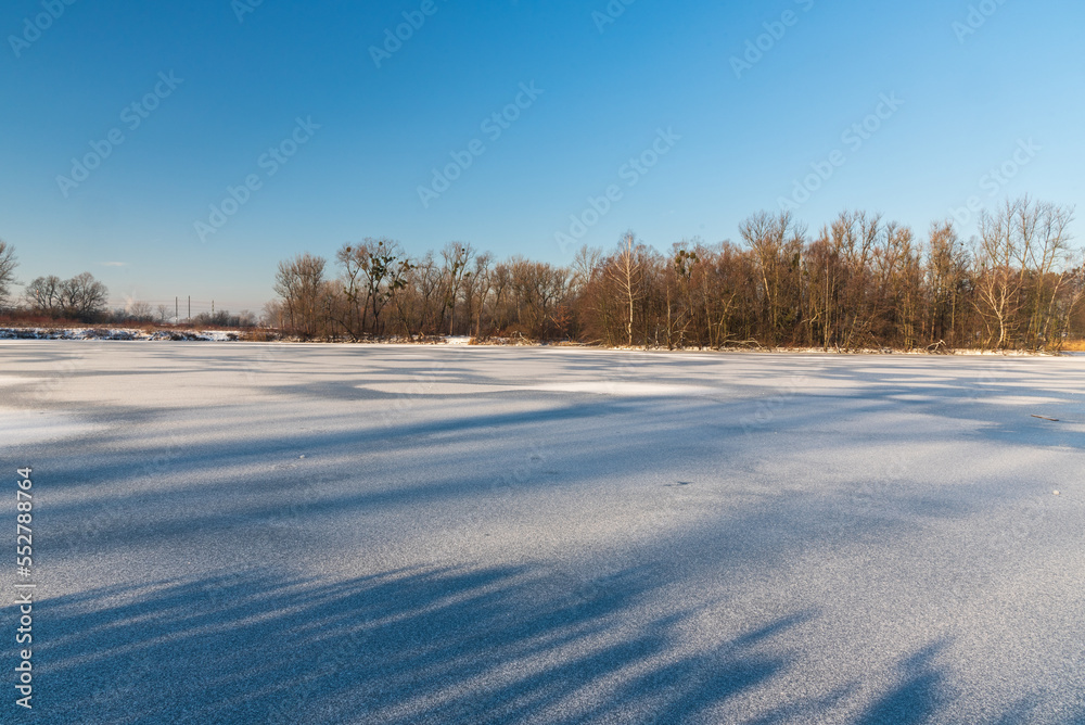Frozen pond with forest on the background and cleat sky in Park Bozeny Nemcove in Karvina city in Czech republic Frozen pond with forest on the background and cleat sky in Park Bozeny Nemcove in Karvina city in Czech republic