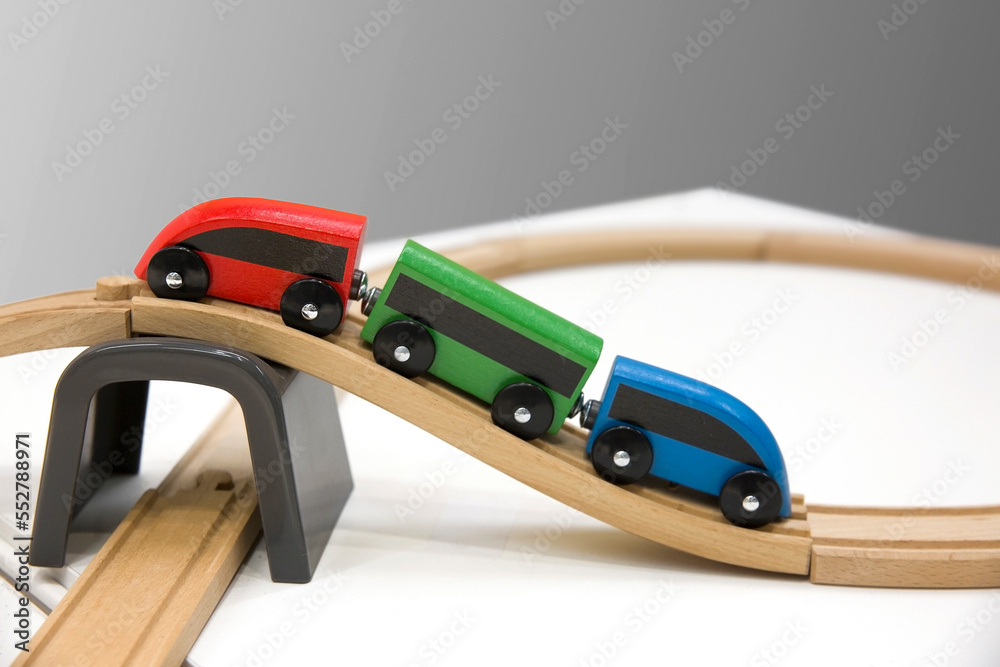 Wooden train toy. Railway. Colorful railroad. Wooden train toy. Railway. Colorful railroad.