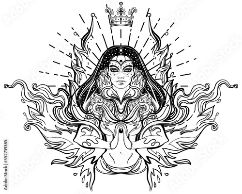 Asian magic woman with sacred geometry and fire. Vector Illustration. Mysteri...