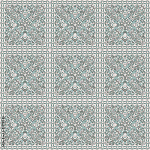 Light turquoise color ceramic mosaic tiles with a white vintage pattern seamless texture