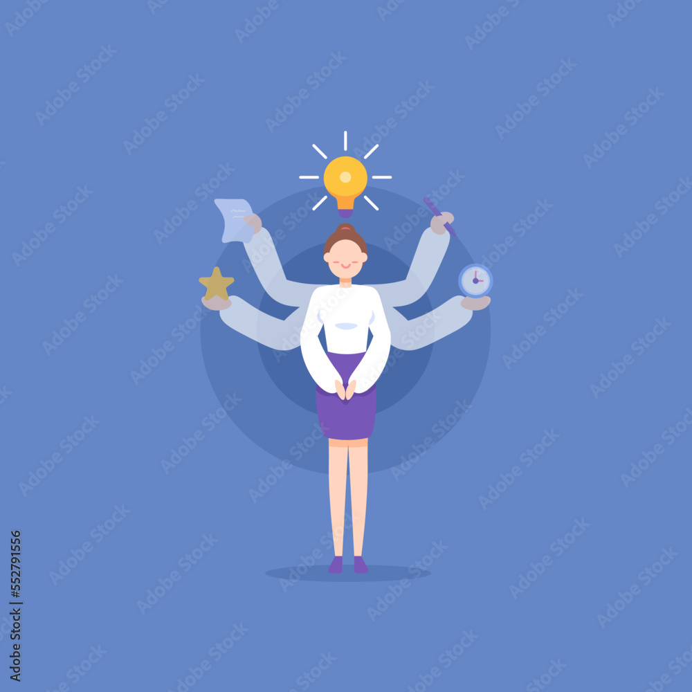 business woman who is multitasking and full of ideas. smart and agile female employees. creative and innovative female workers. manage work assignments. illustration concept design. graphic elements business woman who is multitasking and full of ideas. smart and agile female employees. creative and innovative female workers. manage work assignments. illustration concept design. graphic elements