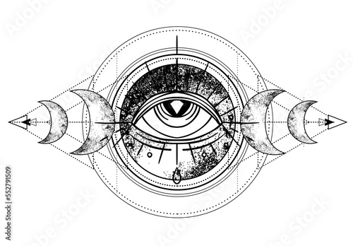 Eye of Providence. Masonic symbol. All seeing eye inside triple moon pagan Wicca moon goddess symbol. Vector illustration. Tattoo, astrology, alchemy, boho and magic symbol. Coloring book.