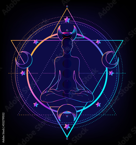 Sacred Geometry and Boo symbol set. Ayurveda sign of harmony and balance. Tattoo design, yoga logo. poster, t-shirt textile. Colorful rainbow gradient over black.