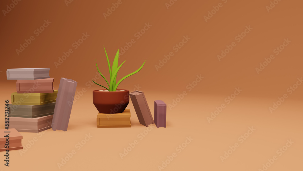 3d render composition with books and flower pots. Cozy composition with books. Concept for online library, college, institute and search pages. Background image for web design. 3d render composition with books and flower pots. Cozy composition with books. Concept for online library, college, institute and search pages. Background image for web design.