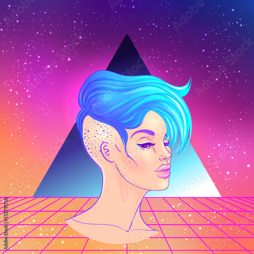 Portrait of a young pretty androgynous woman with short shaved pixie undercut in retro futurism style. Vector illustration in neon bright colors. Blue short hair. futuristic synth wave flyer template