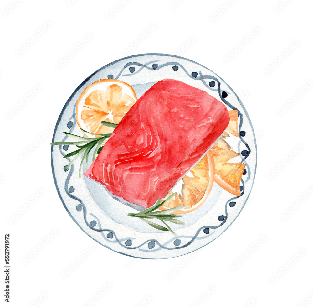 Trout with lemon and rosemary on a ceramic plate. watercolor hand drawn illustration Trout with lemon and rosemary on a ceramic plate. watercolor hand drawn illustration