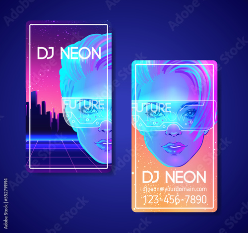 Futuristic synth wave style. Retroparty flyer template. Portrait of a young pretty androgynous woman with short shaved pixie undercut in retro futurism style. Vector illustration in neon bright color